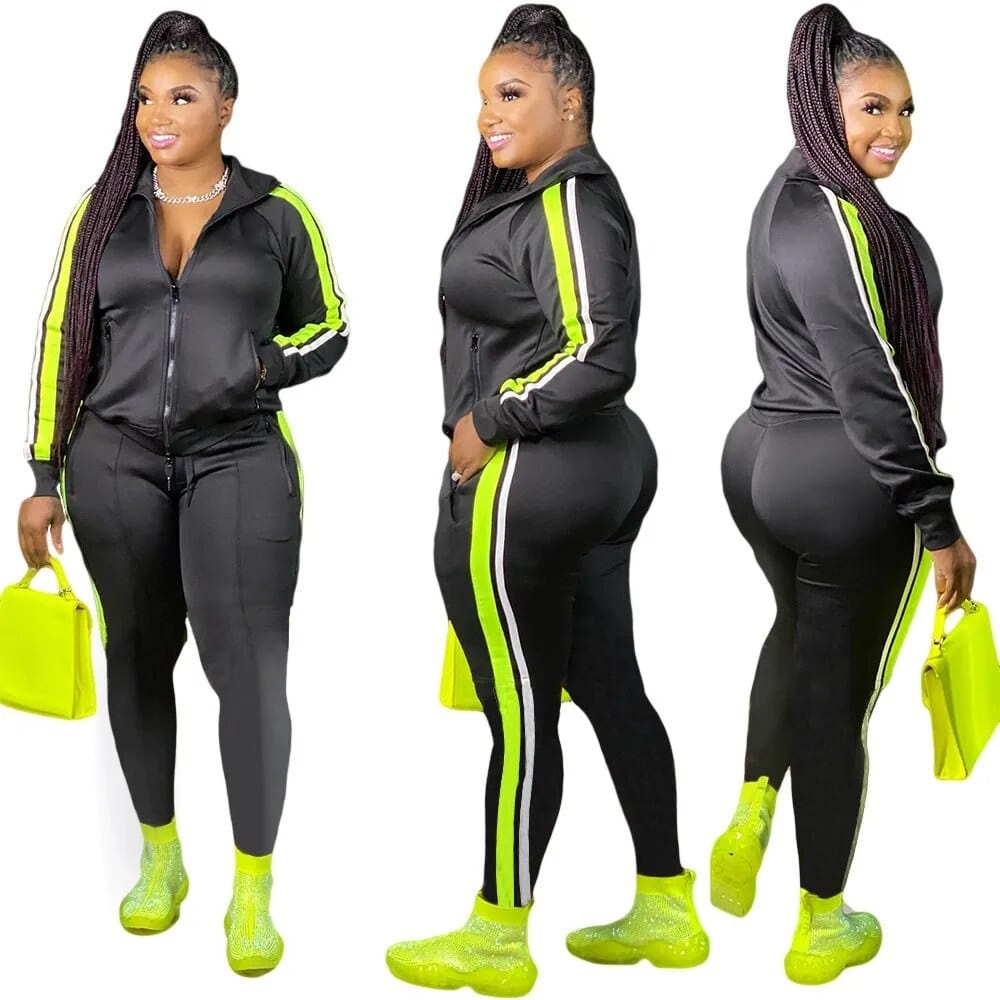 Teonclothingshop Plus Size Hooded Collar Patchwork Tracksuit Set Women