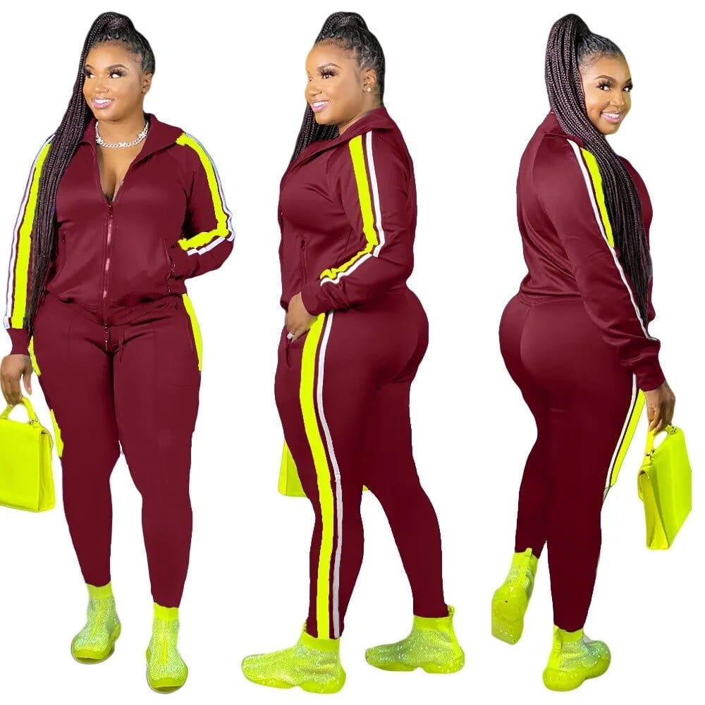 Teonclothingshop Plus Size Hooded Collar Patchwork Tracksuit Set Women