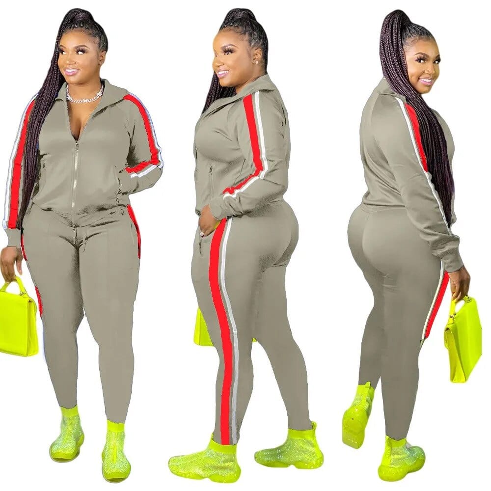 Teonclothingshop Plus Size Hooded Collar Patchwork Tracksuit Set Women