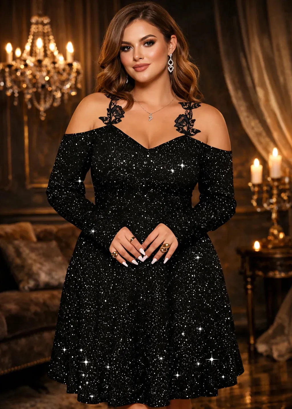 Woman wearing a black sparkly dress in an elegant indoor setting with chandeliers.