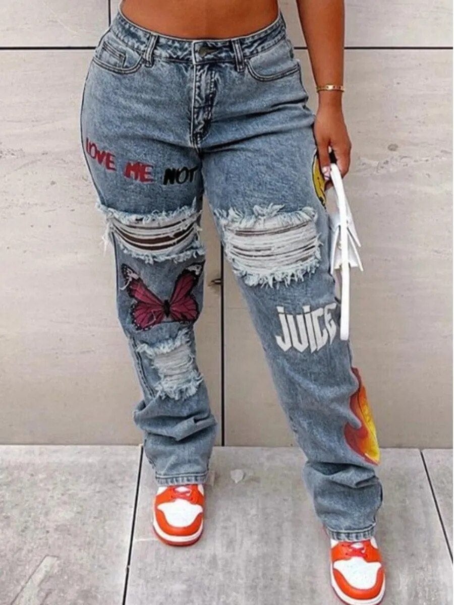 Teonclothingshop Plus Size Ripped Jeans With Butterfly Print