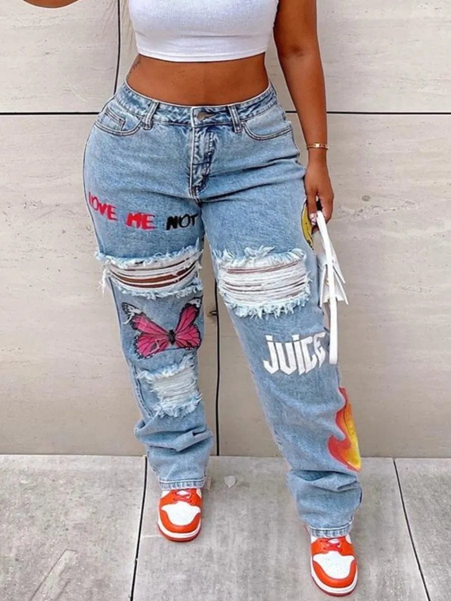 Teonclothingshop Plus Size Ripped Jeans With Butterfly Print