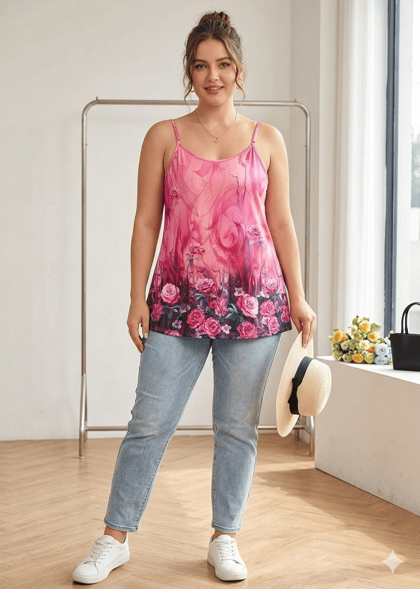 Woman wearing a pink floral tank top and jeans indoors.