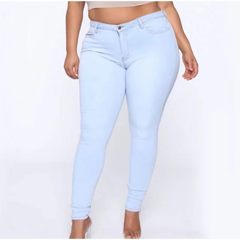 Teonclothingshop Plus Size Super Thin White Blue Stretch Skinny Pencil Jeans High Waist