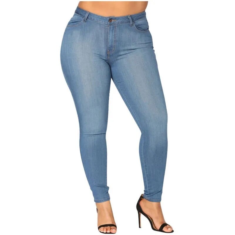 Teonclothingshop Plus Size Super Thin White Blue Stretch Skinny Pencil Jeans High Waist