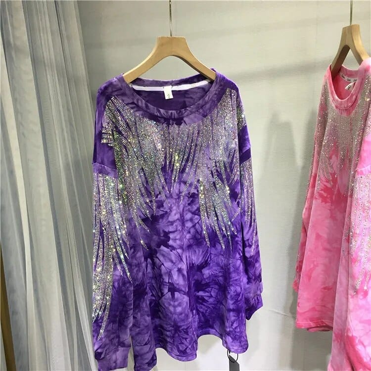 Teonclothingshop Plus Size Tie Dye Rhinestone Sweatshirt