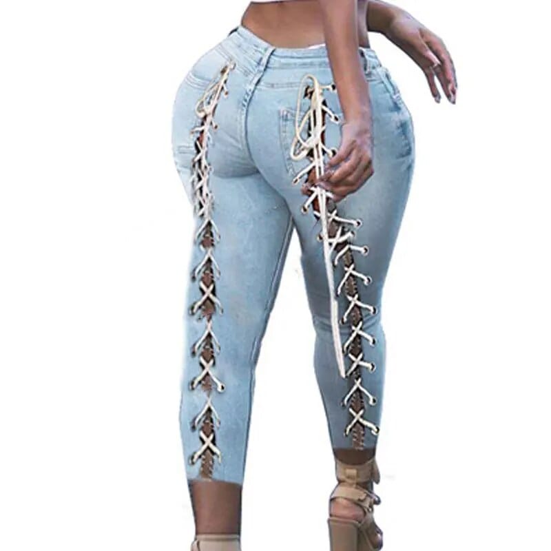 Teonclothingshop Plus Size  White Blue Hollow Out Denim Capris