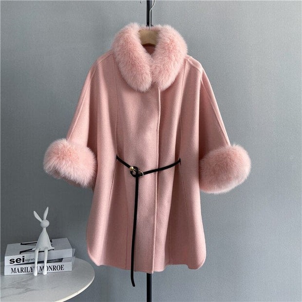 Teonclothingshop pink / S Premium cashmere coat, medium length coat with fox fur cuffs