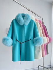 Teonclothingshop Premium cashmere coat, medium length coat with fox fur cuffs