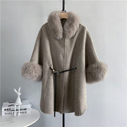 Teonclothingshop kahki / S Premium cashmere coat, medium length coat with fox fur cuffs