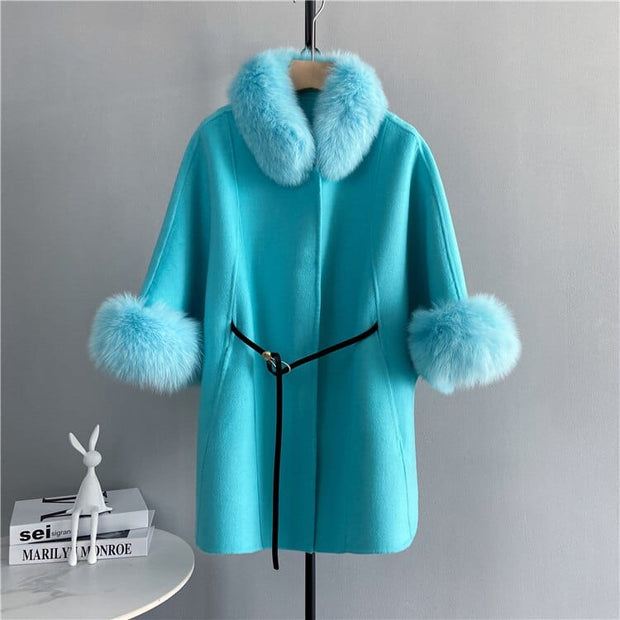 Teonclothingshop blue / S Premium cashmere coat, medium length coat with fox fur cuffs