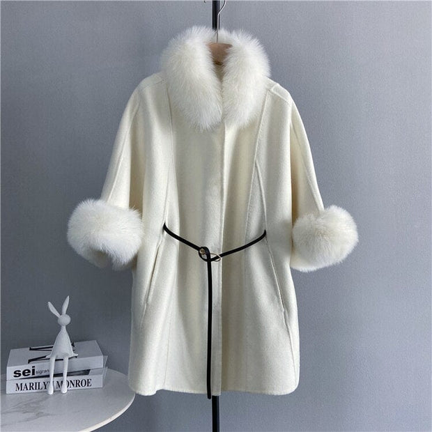 Teonclothingshop white / S Premium cashmere coat, medium length coat with fox fur cuffs