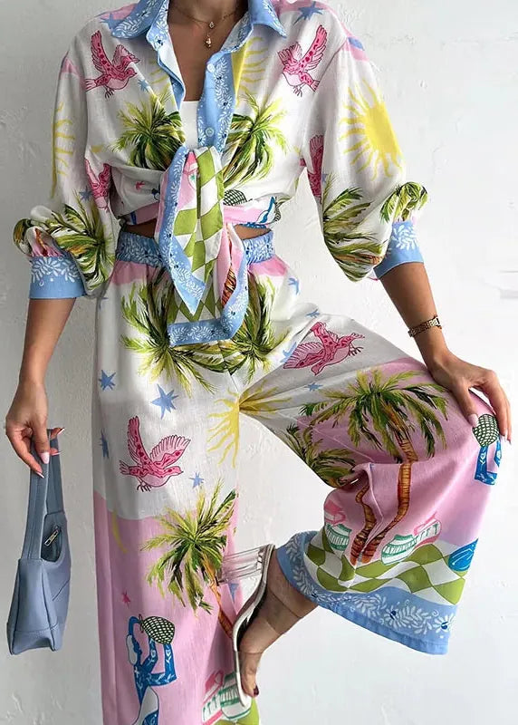 Printed Linen Shirt and High-Waist Wide-Leg Pants 2-Piece Set