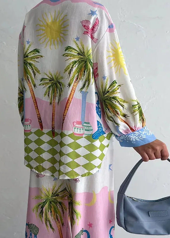 Printed Linen Shirt and High-Waist Wide-Leg Pants 2-Piece Set