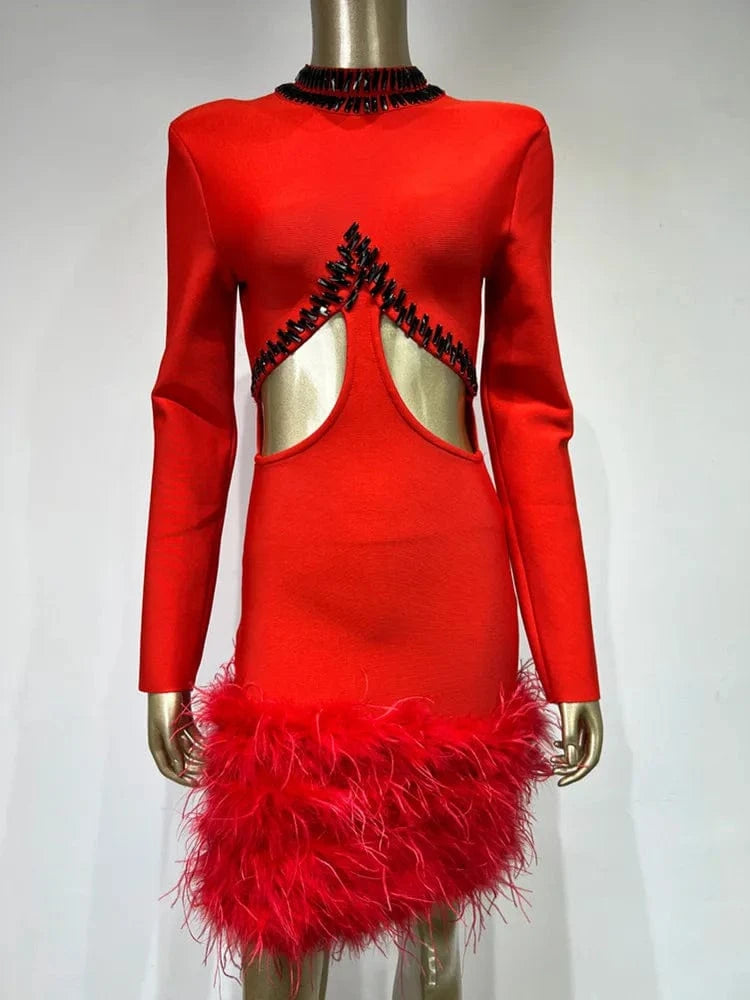 Teonclothingshop Red Carpet Ready: Beaded Feather Mini Dress