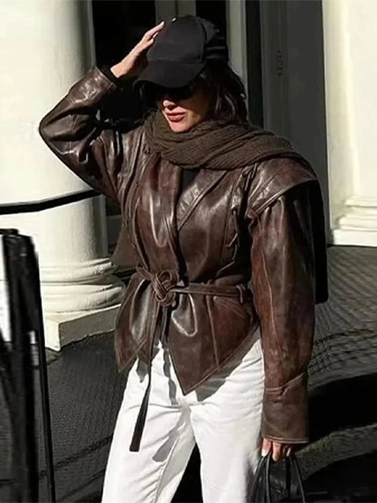 Retro Long Sleeve Leather Jacket Women