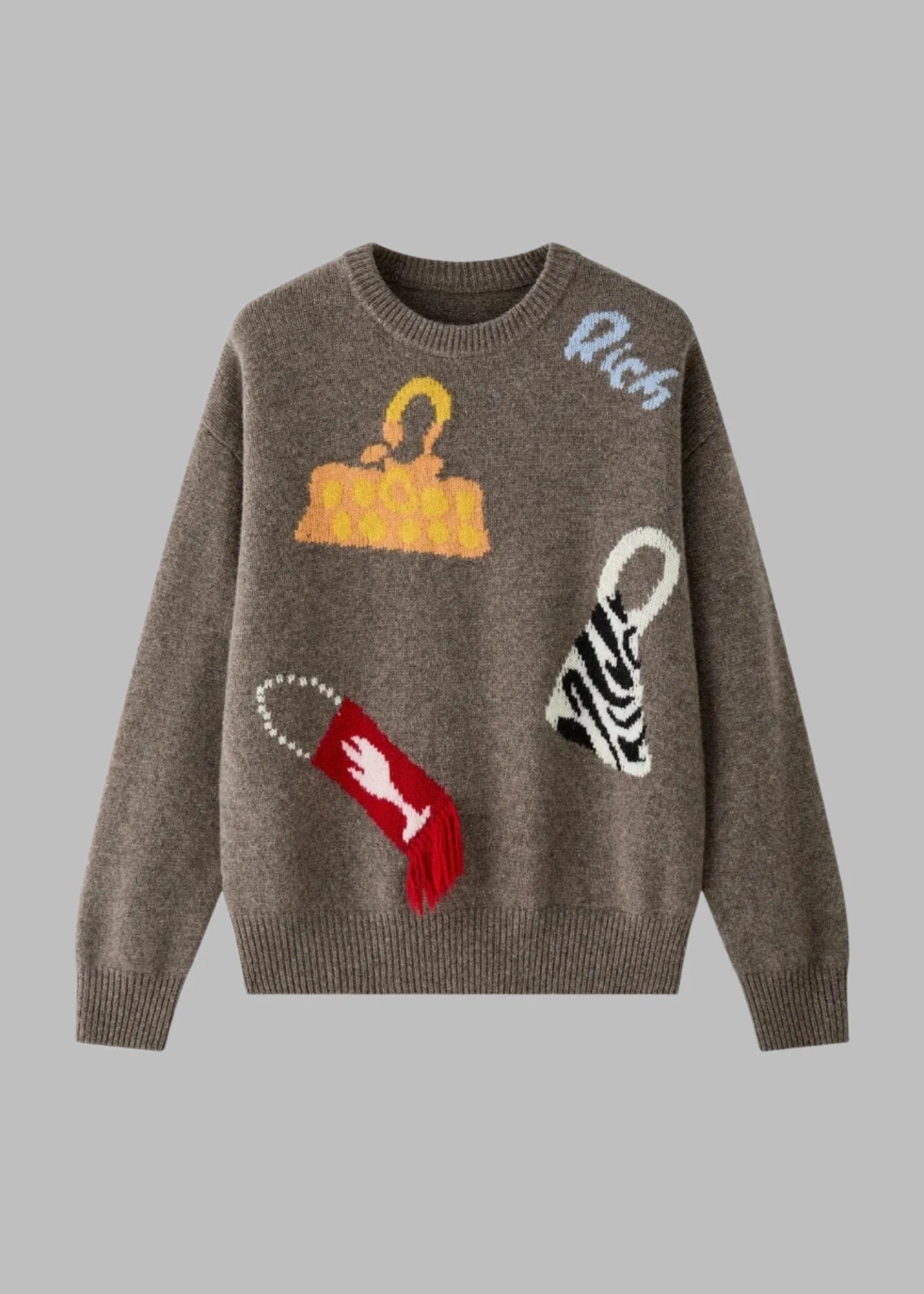 Brown sweater with colorful graphic designs on a white background