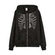 Teonclothingshop Rhinestone Skeleton Hoodie Women's Gothic Black Oversized Zipper Hoodies