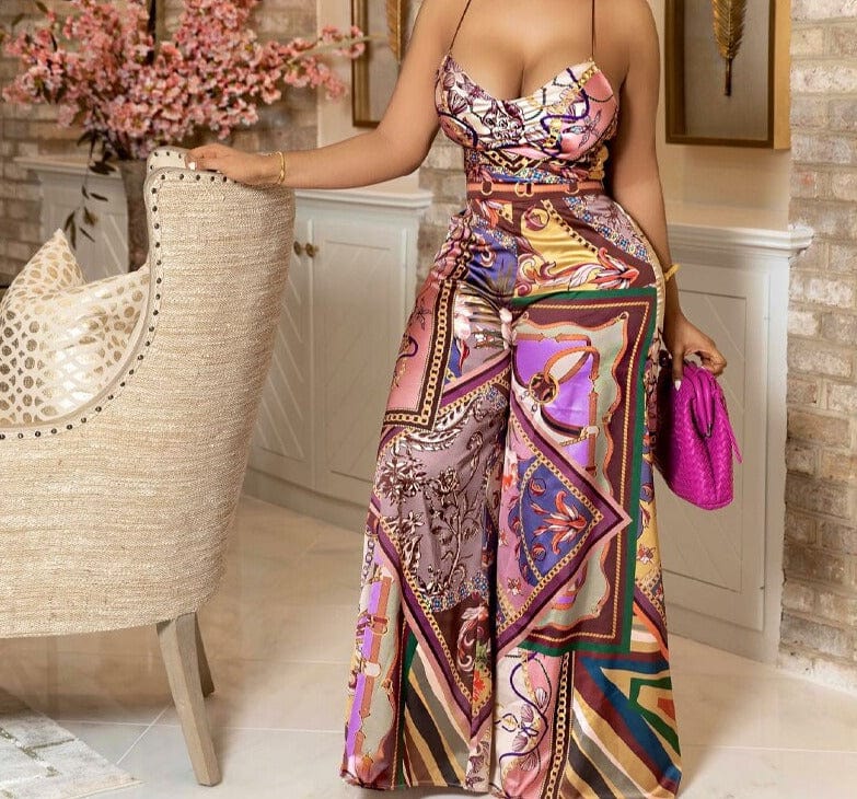 Teonclothingshop Scarf Print Criss Cross Backless Top & Wide Leg Pants Set Hots Party suits