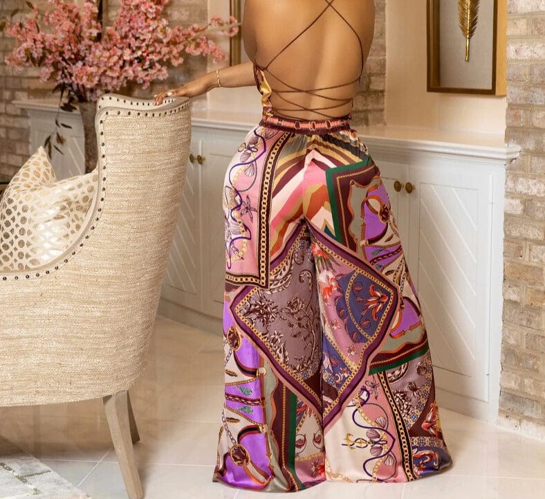 Teonclothingshop Scarf Print Criss Cross Backless Top & Wide Leg Pants Set Hots Party suits