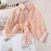 Teonclothingshop Shiny Glitter Women's Shirts Tie Waist Chiffon Blouse