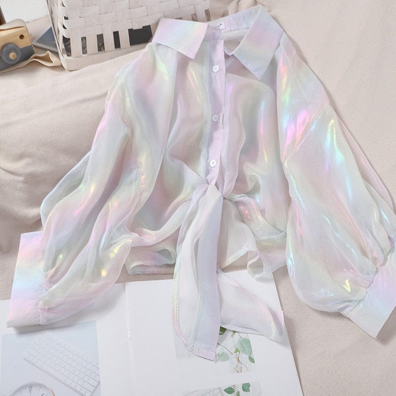 Teonclothingshop Shiny Glitter Women's Shirts Tie Waist Chiffon Blouse