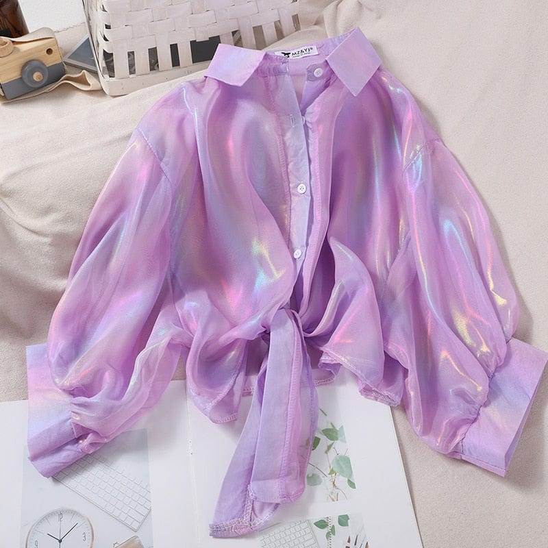 Teonclothingshop Shiny Glitter Women's Shirts Tie Waist Chiffon Blouse