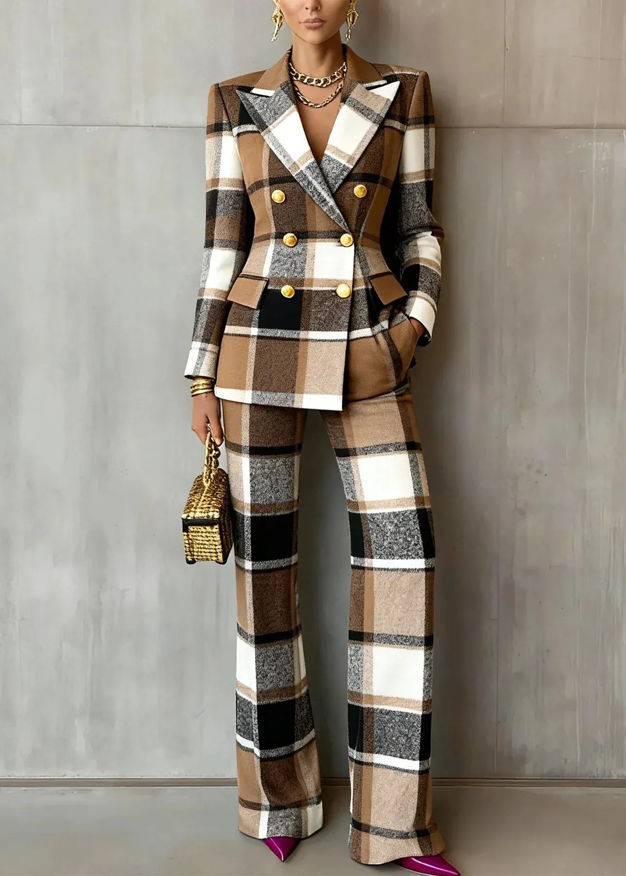 Person wearing a plaid suit with gold buttons against a gray wall.