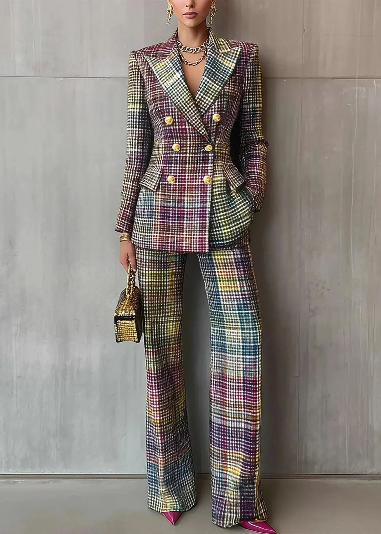 Person wearing a plaid suit with a gold handbag against a gray wall.