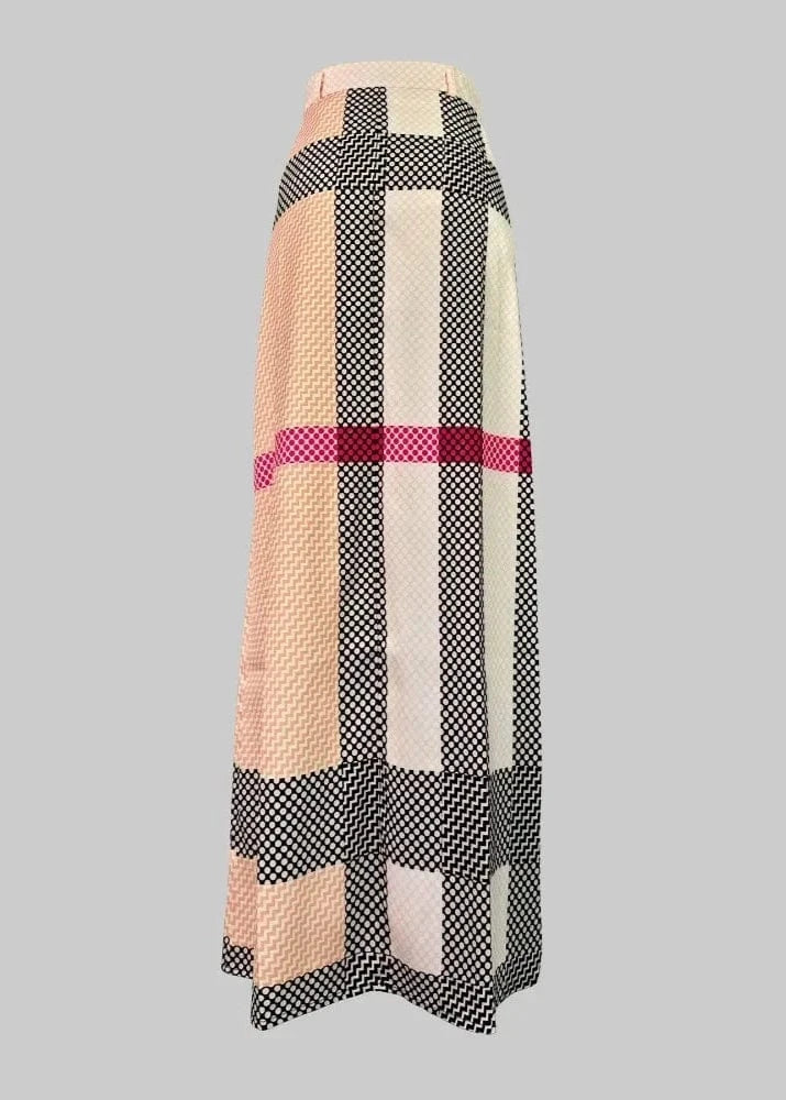 Long, patterned skirt with a checkered design on a gray background