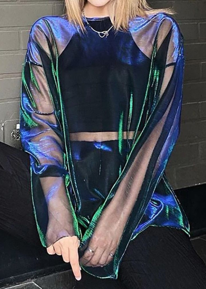 Teonclothingshop Solid color transparent short sleeve T-shirt Women's sexy O-neck long sleeve T-shirt