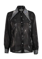 Black sheer shirt with embellished collar and cuffs on a white background, branded 'CHICEVER'.