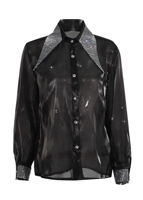 Black sheer shirt with embellished collar and cuffs on a white background, branded 'CHICEVER'.