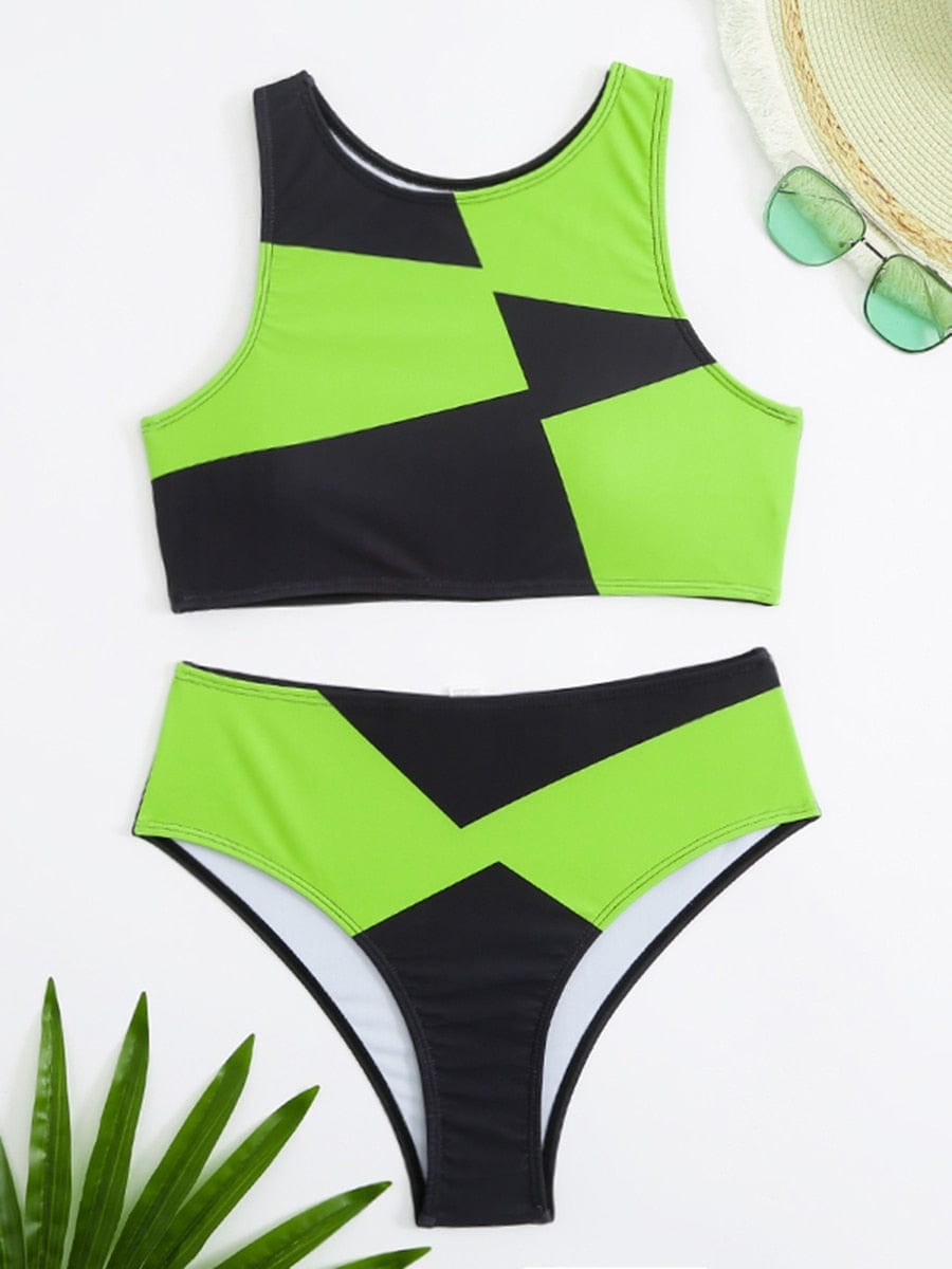 Teonclothingshop Green / S Sports Bikinis 2023 Women High Waist Swimwear Solid Color High Neck Swimwear