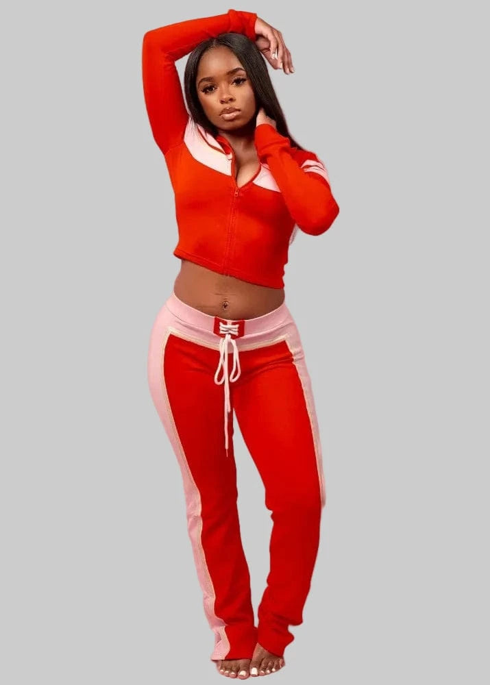 Woman wearing a red and white outfit with 'FLARORA' branding on a pink background