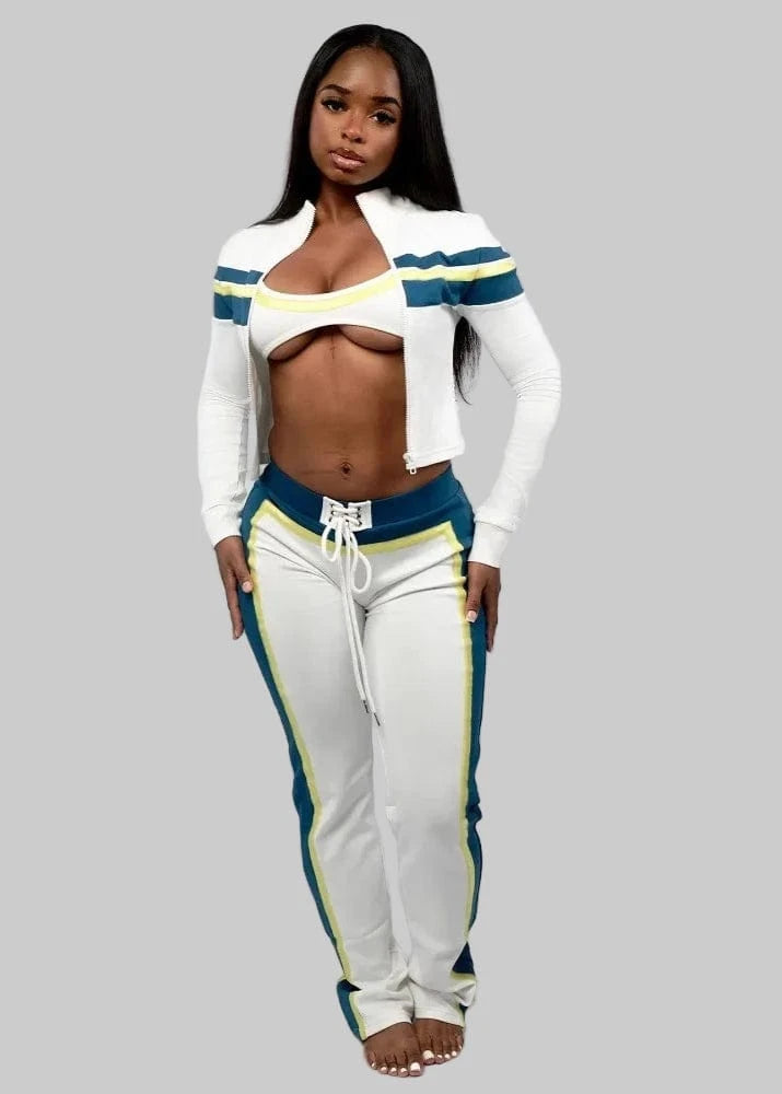 Woman wearing a white and blue striped outfit with 'FLARORA' branding.