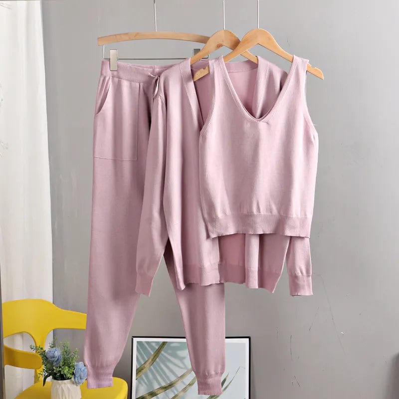 Teonclothingshop pink 951 / One Size Spring Autumn Three-piece Women's Cardigan Sweatshirt Fashion Knitted Set