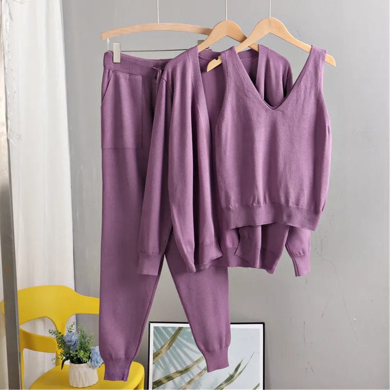 Teonclothingshop purple 951 / One Size Spring Autumn Three-piece Women's Cardigan Sweatshirt Fashion Knitted Set