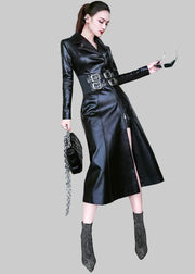 Woman wearing a black leather dress with a geometric background, featuring the brand 'Lautaro'.