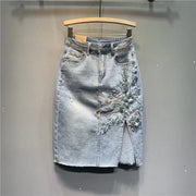 Teonclothingshop Spring Summer New Fashion Embroidery Flower Denim Skirt