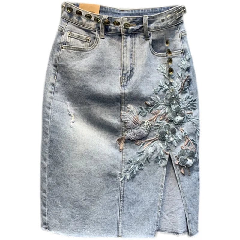 Teonclothingshop Spring Summer New Fashion Embroidery Flower Denim Skirt