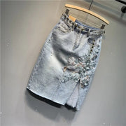 Teonclothingshop Spring Summer New Fashion Embroidery Flower Denim Skirt