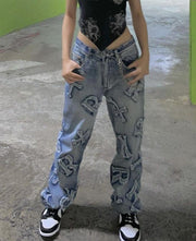 Teonclothingshop Straight Cargo Pants Punk Denim Wide Leg High Waisted Vintage