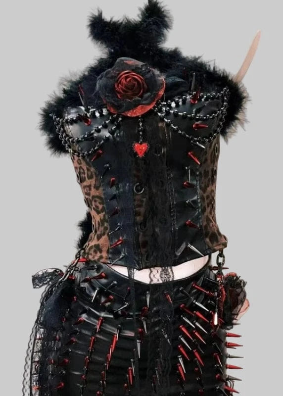 Black and red detailed corset on a mannequin with 'AMY&BENTON' branding.