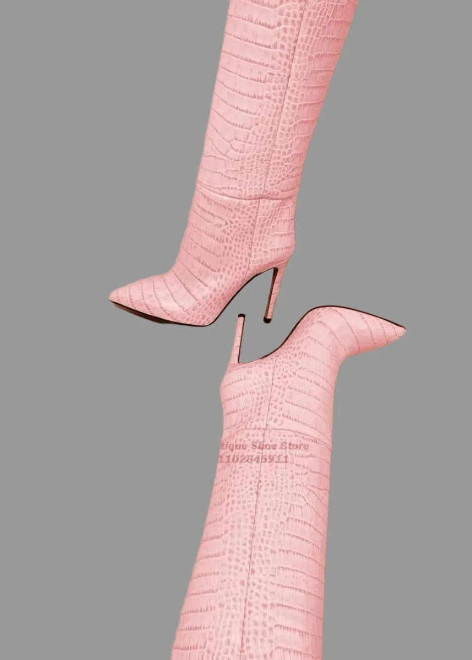Pink knee-high boots with a textured pattern on a beige background, featuring the brand 'Hemegot'.