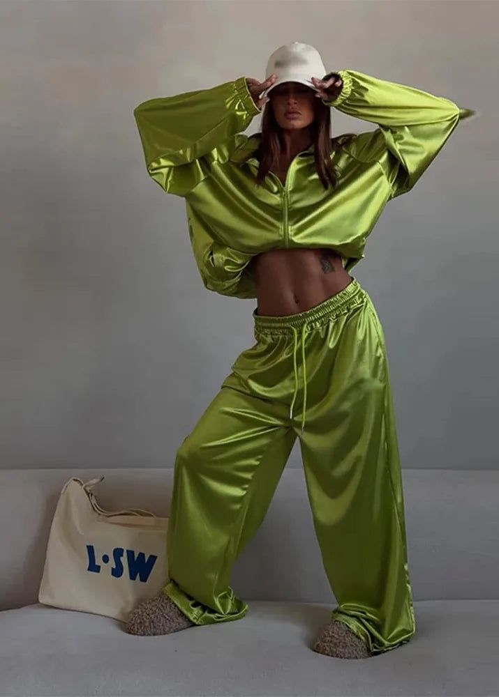 Summer Turn-Down Collar Zipper Coat and Loose Pants Set