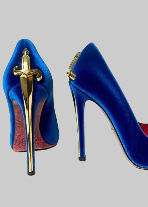 Blue high-heeled shoes with gold accents on a white background, featuring the brand 'ABENGYA'.