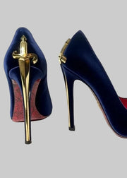 Blue high-heeled shoes with gold accents on a white background, featuring the brand 'ABENGYA'.