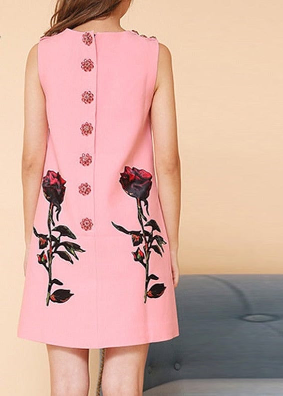 Teonclothingshop Sweet Pink Rose Flower Print Crystal Button Sleeveless Dress For Women
