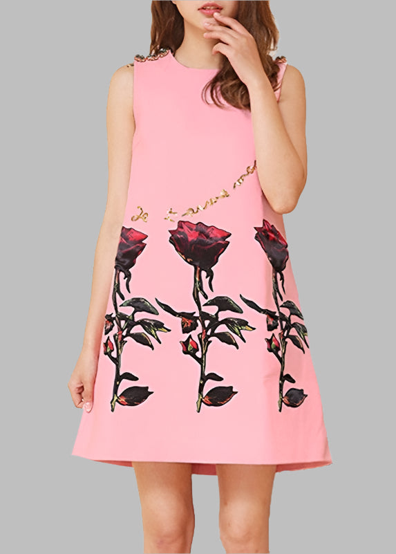 Teonclothingshop Sweet Pink Rose Flower Print Crystal Button Sleeveless Dress For Women